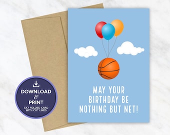 Basketball Birthday Card Nothing But Net, Digital Printable Birthday Card, Funny Sports Birthday Card, Instant Download JPG PDF 5x7