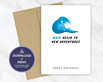 Printable Birthday Card | Wave Surfing Beach Birthday Card | Instant Digital Download 5x7