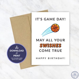 Carte d’anniversaire de basket-ball, carte d’anniversaire imprimable numérique, carte d’anniversaire de sport amusant, téléchargement instantané JPG PDF 5x7