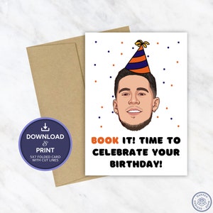 Carte d'anniversaire Devin Booker | Carte d'anniversaire imprimable | Carte d'anniversaire NBA Phoenix Suns | Téléchargement numérique instantané 5 x 7