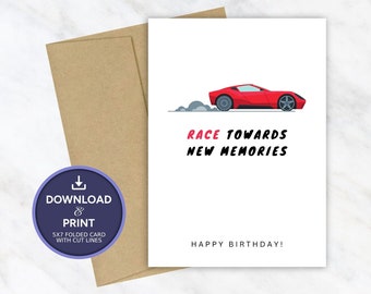 Tarjeta de cumpleaños imprimible / Tarjeta de cumpleaños de carreras de coches / Descarga digital instantánea 5x7