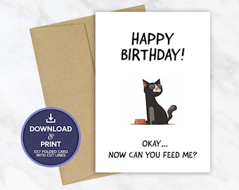 Funny Cat Birthday Card, Digital Printable Birthday Card, Instant Download JPG PDF 5x7