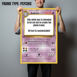 May include: A customizable Pokemon card birthday card template featuring a pink background with a white box to be cut out for a photo. The card says "Andrew turns 6 years old today!" and "Thank you for celebrating Andrew's 6th birthday!"