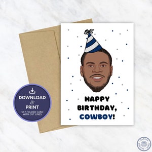 May include: Printable 5x7 folded card with cut lines featuring a cartoon illustration of a person wearing a birthday hat and the text "Happy Birthday, Cowboy!"