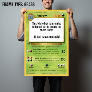 May include: A customizable Pokemon card birthday card with a green grass background. The card features a Pokemon character named Andrew with a white box that can be cut out to create a photo frame. The text on the card says "Andrew turns 6 years old today!" and "Thank you for celebrating Andrew's 6th birthday!"