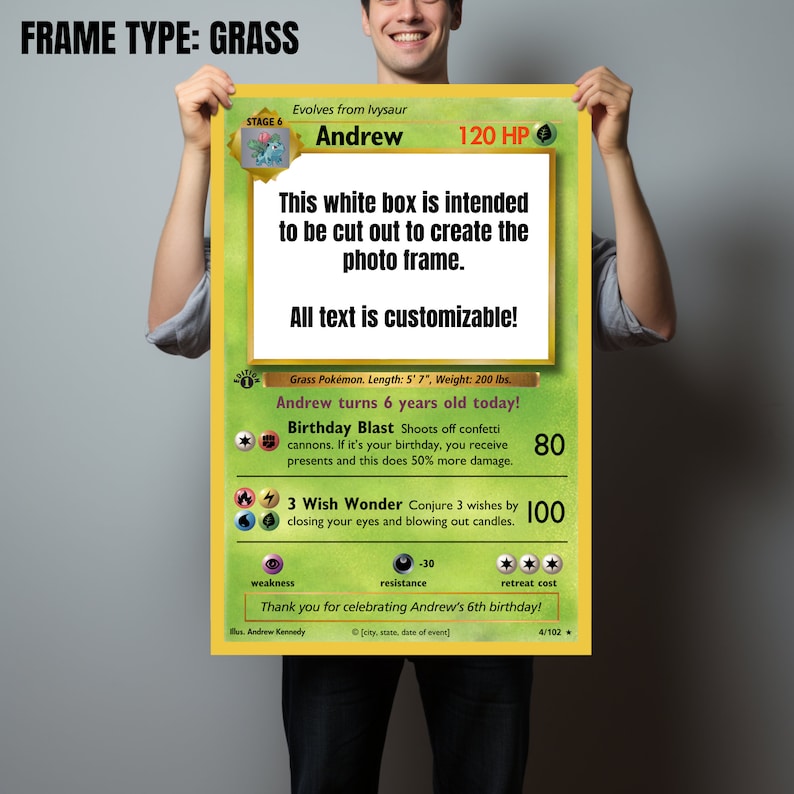 May include: A customizable Pokemon card birthday card with a green grass background. The card features a Pokemon character named Andrew with a white box that can be cut out to create a photo frame. The text on the card says "Andrew turns 6 years old today!" and "Thank you for celebrating Andrew's 6th birthday!"