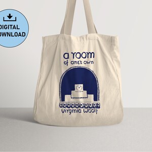 May include: A beige tote bag with a blue graphic of a clock on a stack of books and the text "a room of one's own Virginia Woolf".