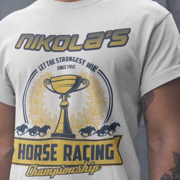 Nikola Jokic Horse Racing Championship Sombor Serbia - Retro Tribute Shirt in Denver Nuggets Blue & Yellow Unisex Jersey Short Sleeve Tee