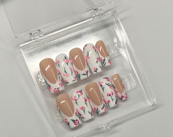 Zierliche Blume Drücken Sie auf die Nägel | Blumen Coquette Nägel | Drücken Sie auf die Nägel | Individuell Handgefertigte Nägel mit Applikationskit
