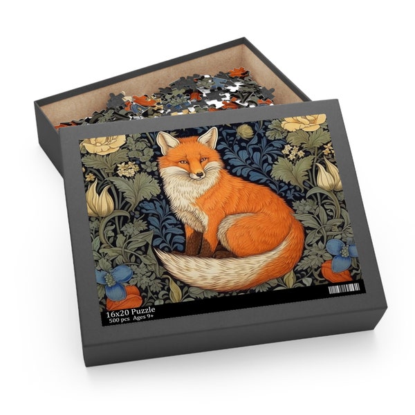 William Morris Inspired Fox in a Forest Jigsaw Puzzle (120, 252, 500-Piece) Cottagecore, Forestcore, Fox in a Forest Botanical Puzzle Game