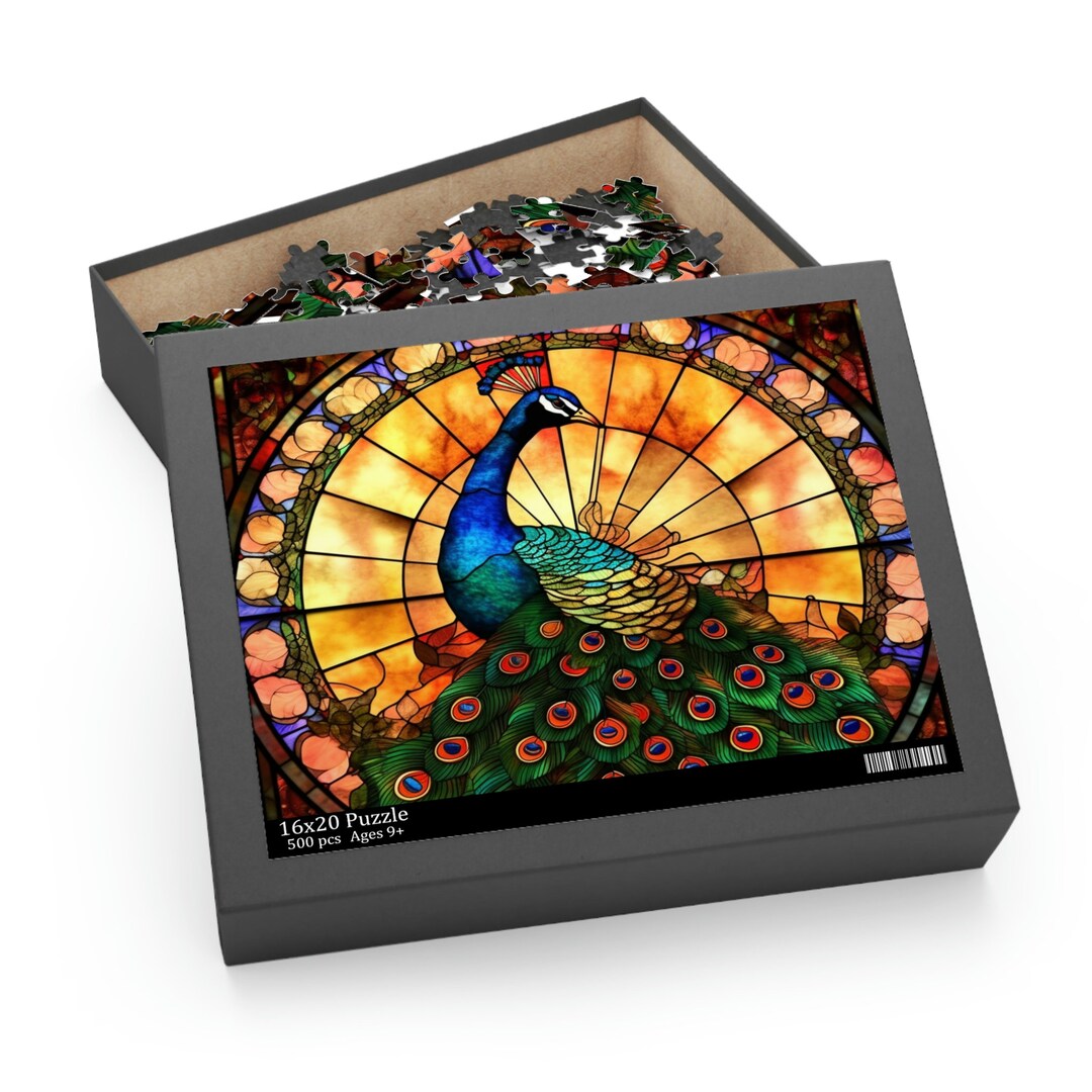 Peacock Stained Glass Jigsaw Puzzle 120, 252, 500 Piece Puzzle Lover