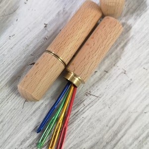 Darning needle set: 4 colorful needles with large eye in a wooden box image 2