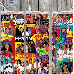 Könnte beinhalten: Eine Collage aus bunten Bildern beliebter Fernsehsendungen der 90er Jahre, darunter "Der Prinz von Bel-Air", "Martin", "Eine schrecklich nette Familie", "Moesha", "Eine andere Welt", "The Jamie Foxx Show", "Living Single", "The Steve Harvey Show", "The Wayans Bros", "The Parkers", "Girlfriend", "Hanging with Mr. Cooper" und "Malcolm & Eddie".