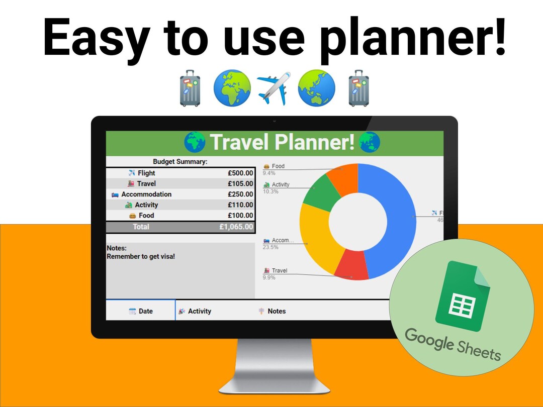 Travel Planner Digital Google Sheets Planner for Vacation, Flights