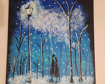 Couple on a snowy night painting in a forest. Blue, black and white painting.