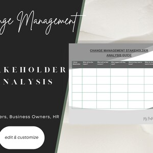 May include: A black and white printable worksheet with the title "Change Management Stakeholder Analysis Guide". The worksheet is divided into columns with headings such as "Stakeholder", "What will be the impact?", "What will be their concern?", "What support will they need?", "What do they need to know?", "When do they need to know?", and "How will we make their needs?"
