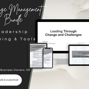 Könnte beinhalten: Ein digitales Marketingbild für ein Change-Management-Führungskräfte-Schulungspaket. Das Bild zeigt einen Computerbildschirm, ein Tablet und ein Smartphone, auf denen Schulungsmaterialien angezeigt werden. Der Text auf dem Computerbildschirm lautet "Leading Through Change and Challenges". Der Text auf dem Tablet lautet "Change Management Stakeholder Analysis Guide". Der Text auf dem Smartphone lautet "Leadership Communication for Change". Das Bild enthält auch den Text "Change Management Bundle", "Leadership Training & Tools" und "Leaders, Business Owners, HR".