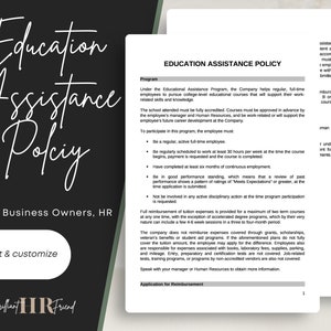 Education Assistance Policy | Employee Handbook | Human Resources | HR Templates | Printable Forms | Word | Editable Docs | Small Business