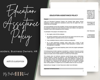 Education Assistance Policy | Employee Handbook | Human Resources | HR Templates | Printable Forms | Word | Editable Docs | Small Business