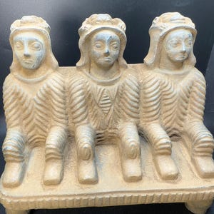 Rare Bactrian Sandstone Sculpture – Seated Trio – Ancient Central Asian Artifact