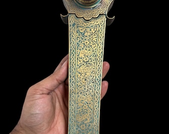 Antique Islamic Safavi Brass Qalamdan Pen Case with Inkwell – Calligraphy Box