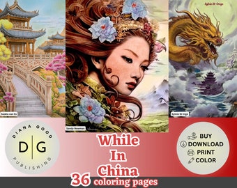 32 While In China | Coloring Pages for Adults | Grayscale Coloring Pages | Instant Download | Diana Good | JPEG, PDF