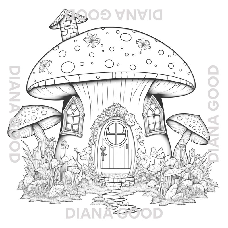 Fairy Mushroom House Coloring Page for Adults Grayscale - Etsy