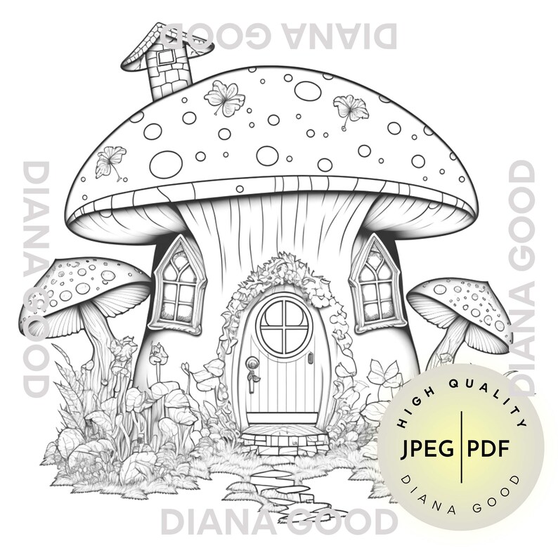 Fairy Mushroom House Coloring Page for Adults Grayscale - Etsy