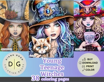 38 Young Teenage Witches | Coloring Pages for Adults | Grayscale Coloring Pages | Instant Download | Diana Good | JPEG, PDF