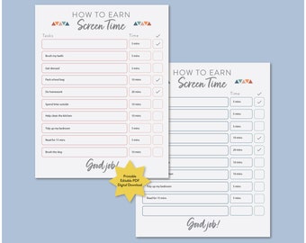 Earn Screen Time | Kids Chore Chart | Learn Responsibility | Screen Time Management | Screen Time Tracker | Daily Screen Time Schedule