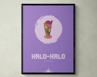 May include: A framed poster with a purple background and a white circle in the center. The circle contains a cartoon illustration of a halo-halo dessert. The text "HALO-HALO MIX MIX" is below the circle.