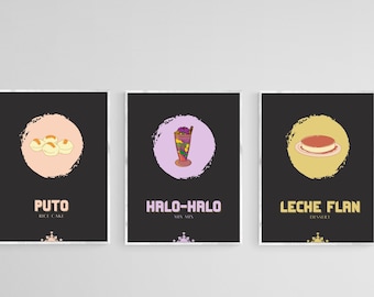 May include: Three black and white posters with illustrations of Filipino desserts. The first poster features a pink circle with a white background and an illustration of Puto, a rice cake. The second poster features a purple circle with a white background and an illustration of Halo-Halo, a shaved ice dessert. The third poster features a yellow circle with a white background and an illustration of Leche Flan, a custard dessert.