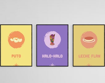 May include: Three framed posters with yellow and orange backgrounds. Each poster features a different Filipino food: Puto, Halo-Halo, and Leche Flan. The posters have a minimalist design with a white background and black frames.