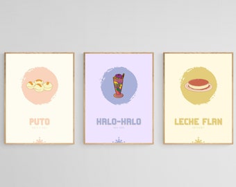May include: Three minimalist posters with illustrations of popular Filipino desserts. The first poster is peach with a white circle and an illustration of Puto, a steamed rice cake. The second poster is lavender with a blue circle and an illustration of Halo-Halo, a shaved ice dessert. The third poster is yellow with a gold circle and an illustration of Leche Flan, a custard dessert.
