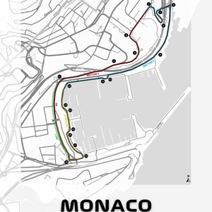 Peut inclure: Une carte du circuit du Grand Prix de Monaco, montrant le trac&eacute; du circuit avec les virages num&eacute;rot&eacute;s et les marquages des secteurs. La carte comprend le texte "MONACO" et "MONACO GRAND PRIX" ainsi que les coordonn&eacute;es "43.7384&deg; N, 7.4246&deg; E". Un petit drapeau de Monaco est &eacute;galement inclus.