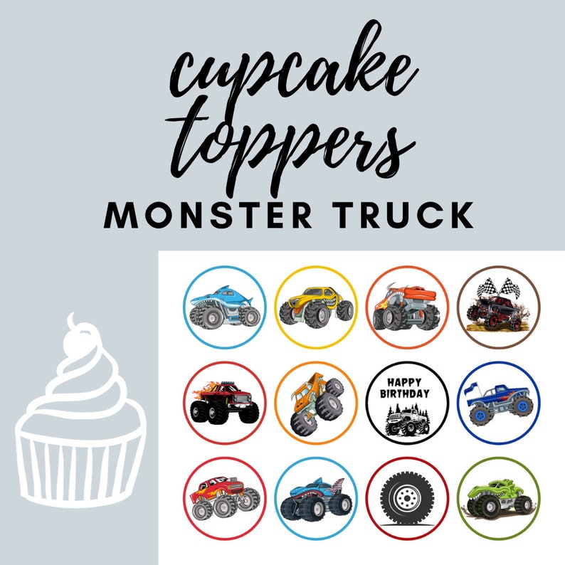 MONSTER TRUCK CUPCAKE Toppers Monster Truck Birthday Party Monster ...
