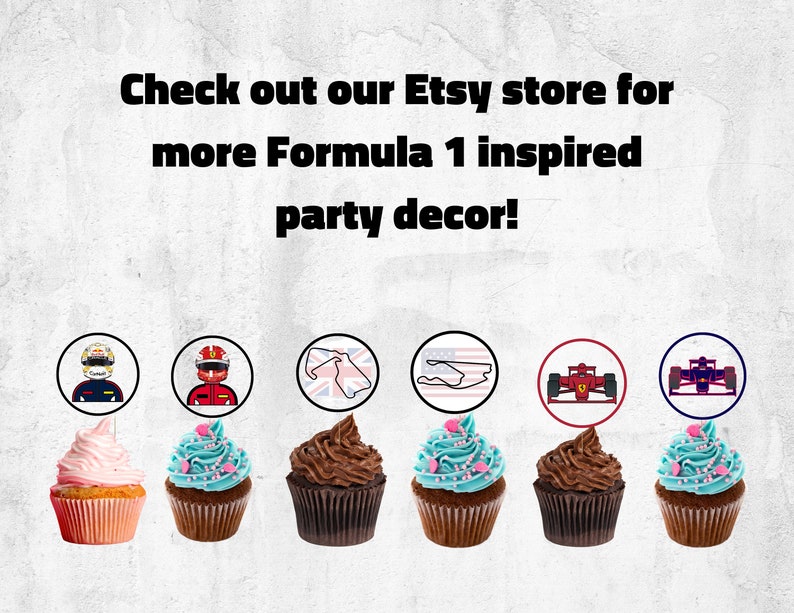 Peut inclure: Six cupcakes d&eacute;cor&eacute;s d'images comestibles de pilotes de Formule 1, de voitures de course et d'un circuit. Consultez notre boutique Etsy pour plus de d&eacute;corations de f&ecirc;te inspir&eacute;es de la Formule 1 !