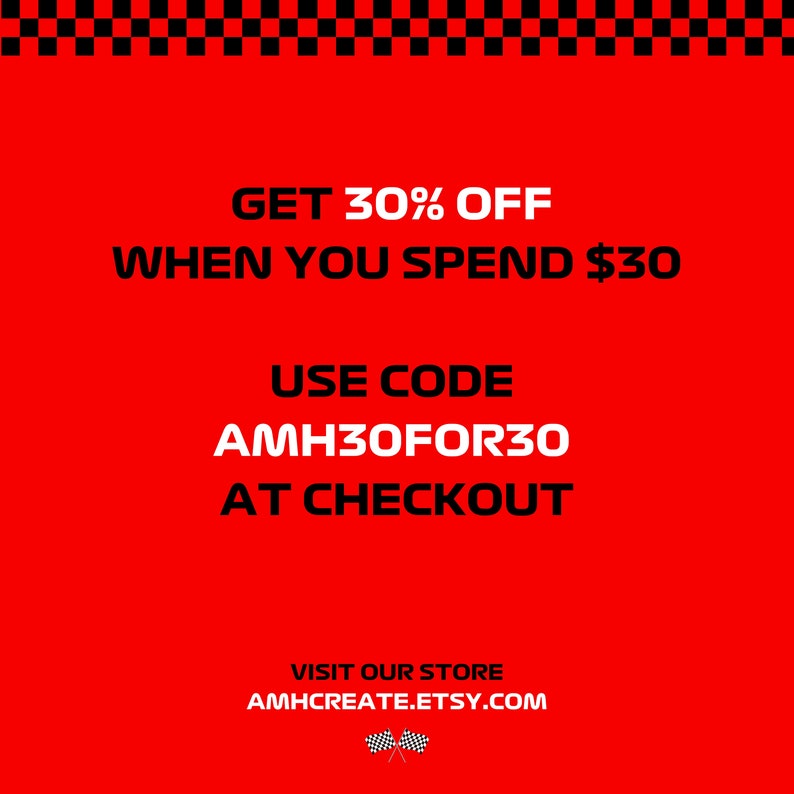 Peut inclure: Fond rouge avec du texte noir qui dit "GET 30% OFF WHEN YOU SPEND $30 USE CODE AMH30FOR30 AT CHECKOUT VISIT OUR STORE AMHCREATE.ETSY.COM". Le texte est dans un motif de drapeau &agrave; damier.
