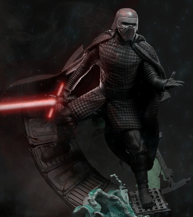 May include: A black and red action figure of a character from the Star Wars franchise, holding a red lightsaber. The figure is posed in a dynamic stance, with one leg raised and the other foot planted on a platform. The figure is wearing a black helmet with a red visor and a black cape.