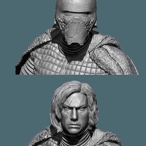 May include: A gray 3D printed bust of a character wearing a helmet and a fur-lined cloak. The character has a serious expression and a scar on their face.