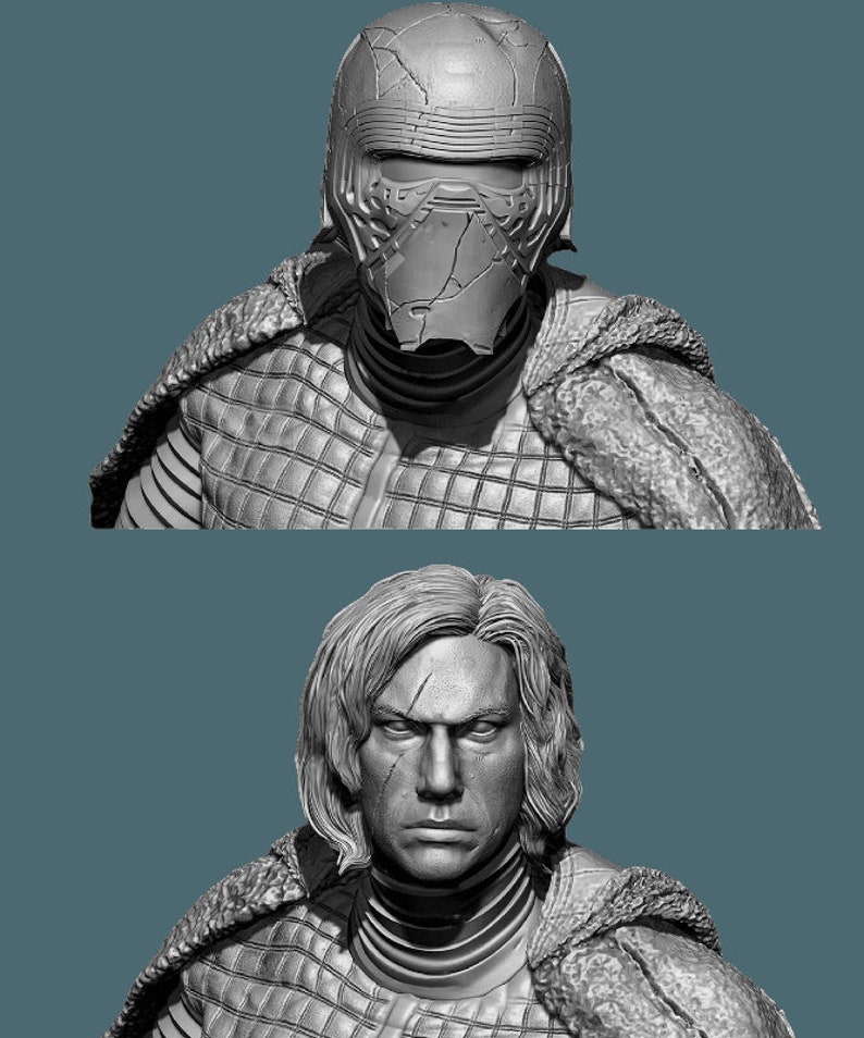 May include: A gray 3D printed bust of a character wearing a helmet and a fur-lined cloak. The character has a serious expression and a scar on their face.