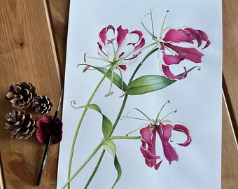 Flammenlilie Aquarell, Geschenk für einen besonderen Menschen, Blumenmalerei, Kunst, Wanddekoration, Wandkunst