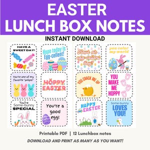 May include: Twelve printable Easter-themed lunchbox notes featuring colourful illustrations and fun messages like "Have a sweet day!" and "You're a good egg!"  Download and print as many as you want.