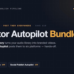 May include: A dark blue digital graphic titled Creator Autopilot Bundle. It features text describing a Create-and-Publish Pipeline, 2 Claude Skills, and two tools: Social Video Factory and Social Publish Autopilot, with pricing listed.
