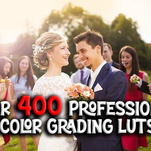 Puede incluir: Una escena de boda con una novia y un novio sonriendo, rodeados de invitados. La imagen presenta el texto "OVER 400 PROFESSIONAL COLOR GRADING LUTS". La novia lleva un vestido de encaje blanco y sostiene un ramo. El novio lleva un traje azul marino.