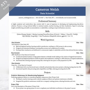 Op de afbeelding: Een cv voor een datawetenschapper genaamd Cameron Welsh. De cv bevat zijn contactgegevens, een professionele samenvatting, vaardigheden, werkervaring, projecten en opleiding.