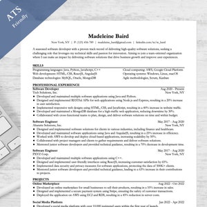 May include: A resume for Madeleine Baird, a software developer with experience in Java, Python, JavaScript, C++, HTML, CSS, ReactJS, AngularJS, MySQL, Oracle, MongoDB, AWS, Google Cloud Platform, Windows, Linux, macOS, Scrum, and Kanban. The resume lists her experience as a Software Developer at Tech Solutions, Inc., a Software Engineer at Abaratte Solutions, Inc., and a Software Engineer at PXYZ Corp. The resume also lists her skills and projects.