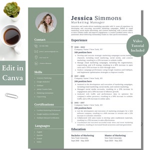 May include: A green resume template with a photo of a woman in the top left corner. The resume includes contact information, skills, certifications, languages, education, and experience. The text "Edit in Canva" is in the top left corner.