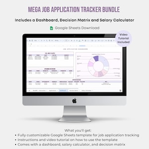 Könnte beinhalten: Ein Computerbildschirm zeigt eine Google Sheets-Tabelle mit einem Job-Bewerbungs-Tracker. Die Tabelle enthält ein Dashboard, eine Entscheidungsmatrix und einen Gehaltsrechner. Die Tabelle ist mit "Job Application Dashboard" betitelt.
