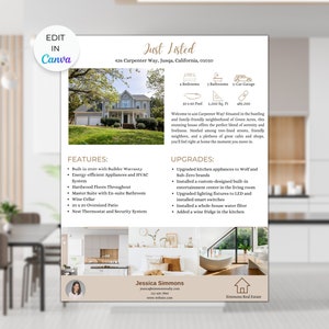 Könnte beinhalten: Ein Immobilienangebot für ein 4-Zimmer-Haus mit 3 Badezimmern, einem Pool und einer Garage für ein Auto. Das Haus befindet sich in der Carpenter Way 426 in Jusqa, Kalifornien. Die Anzeige hebt Merkmale wie energieeffiziente Geräte, Hartholzböden, ein Hauptschlafzimmer mit eigenem Badezimmer, einen Weinkeller, eine überdimensionale Terrasse, ein Nest-Thermostat und ein Sicherheitssystem, verbesserte Küchengeräte, ein maßgeschneidertes, eingebautes Unterhaltungszentrum, LED-Beleuchtung, intelligente Schalter, einen Wasserfilter für das gesamte Haus und einen Weinkühlschrank hervor.